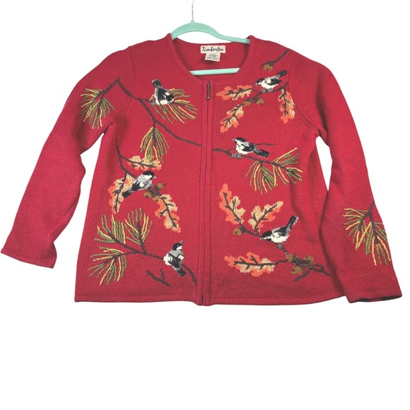 Timberlea Birds on Branch Embroidered Cardigan Sweater Red Ramie Cotton M/M - Picture 1 of 6